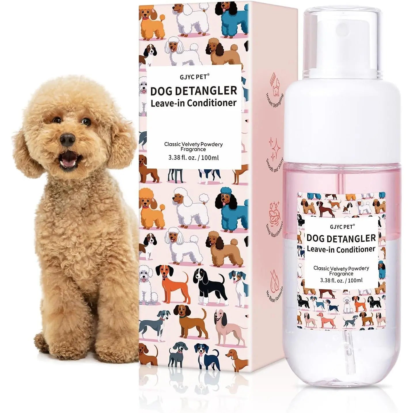 GJYC Professional Pet Dog Detangler and Dematting Spray - Leave-In Conditioner with Classic Powdery Scent, Natural Ingredients, Coconut Oil, Jojoba Oil, Squalane, Non-Sticky Formula, 3.38 Fl. Oz, 36-Month Shelf Life, Gentle and Safe for Puppies
