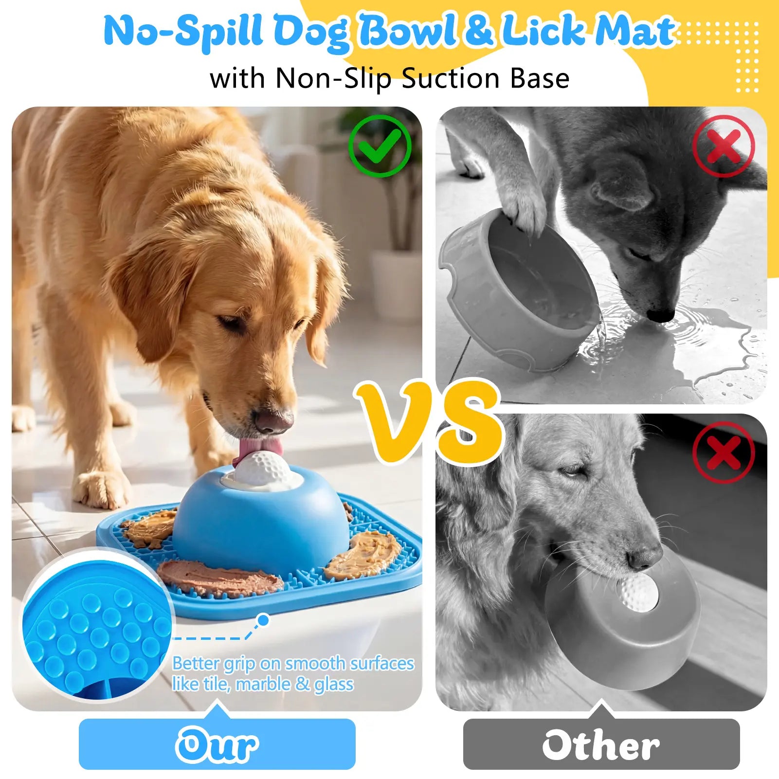 Slow Feeder Dog Bowls & Lick Mat for Liquid and Thick Treat, Anti-Slip Dog Lick Bowl with Interactive Rolling Ball, 5/6 Cup Pup Licking Toy for Large Medium Small Dogs and Cats Blue