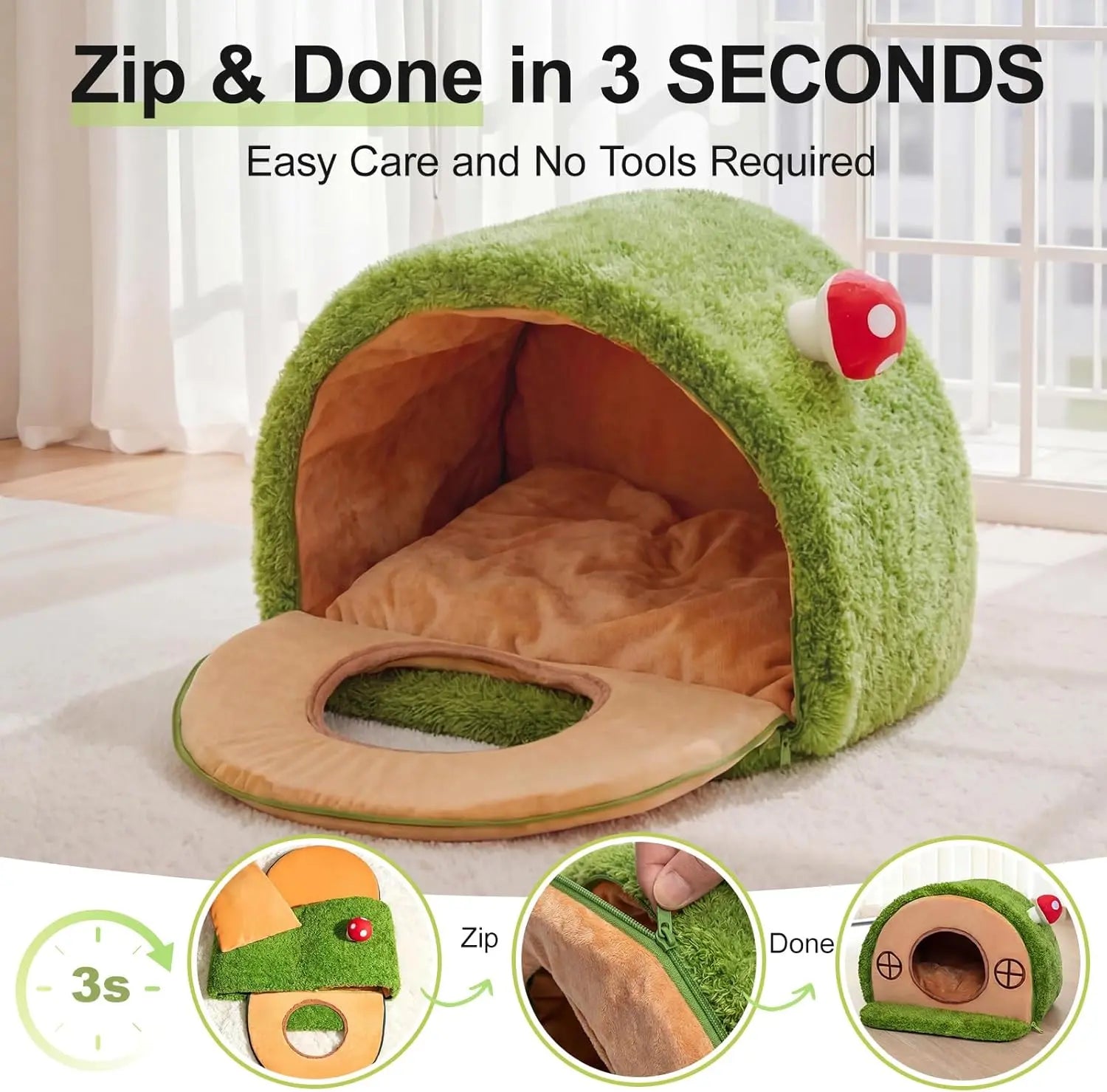 Crystal Velvet Enclosed Cat Bed with Removable Cushion and Anti-Slip Base for Indoor Use