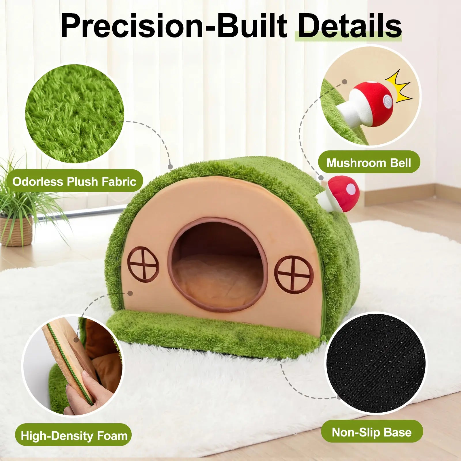 Crystal Velvet Enclosed Cat Bed with Removable Cushion and Anti-Slip Base for Indoor Use