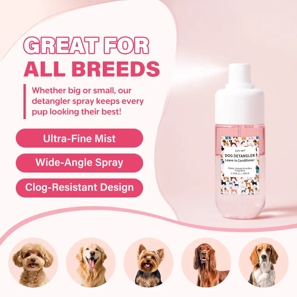 GJYC Professional Pet Dog Detangler and Dematting Spray - Leave-In Conditioner with Classic Powdery Scent, Natural Ingredients, Coconut Oil, Jojoba Oil, Squalane, Non-Sticky Formula, 3.38 Fl. Oz, 36-Month Shelf Life, Gentle and Safe for Puppies