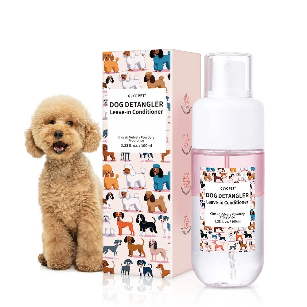 GJYC Professional Pet Dog Detangler and Dematting Spray - Leave-In Conditioner with Classic Powdery Scent, Natural Ingredients, Coconut Oil, Jojoba Oil, Squalane, Non-Sticky Formula, 3.38 Fl. Oz, 36-Month Shelf Life, Gentle and Safe for Puppies