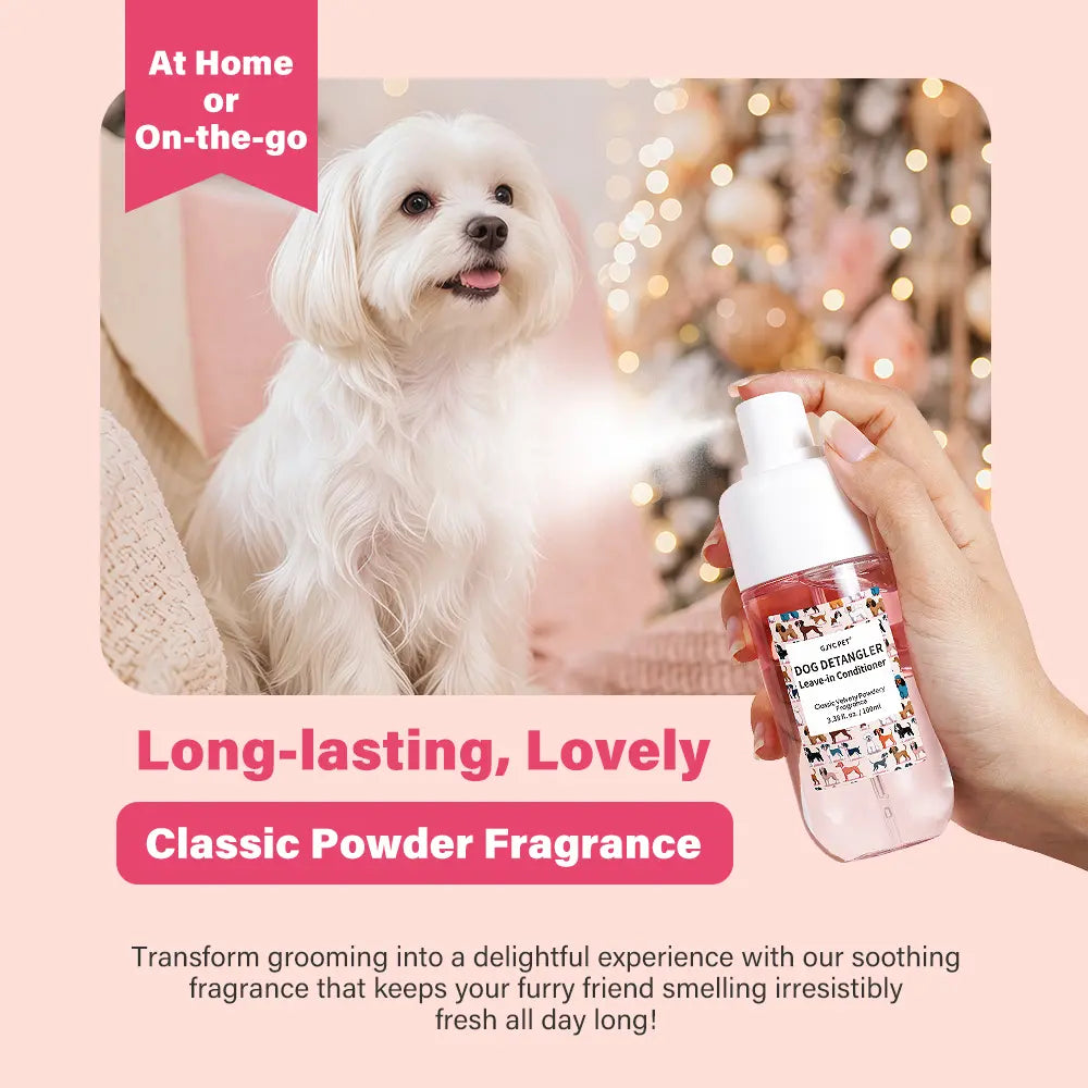 GJYC Professional Pet Dog Detangler and Dematting Spray - Leave-In Conditioner with Classic Powdery Scent, Natural Ingredients, Coconut Oil, Jojoba Oil, Squalane, Non-Sticky Formula, 3.38 Fl. Oz, 36-Month Shelf Life, Gentle and Safe for Puppies