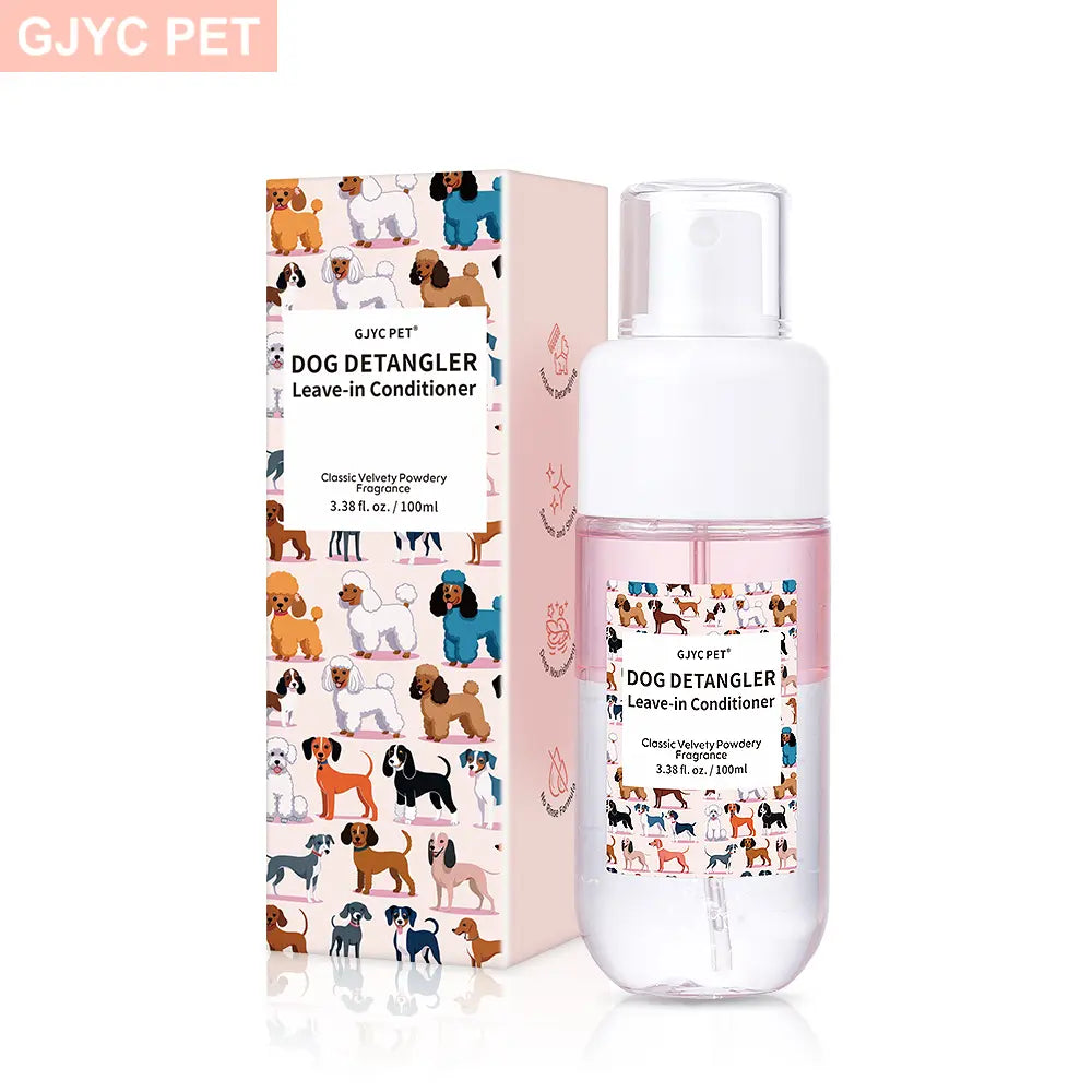 GJYC Professional Pet Dog Detangler and Dematting Spray - Leave-In Conditioner with Classic Powdery Scent, Natural Ingredients, Coconut Oil, Jojoba Oil, Squalane, Non-Sticky Formula, 3.38 Fl. Oz, 36-Month Shelf Life, Gentle and Safe for Puppies