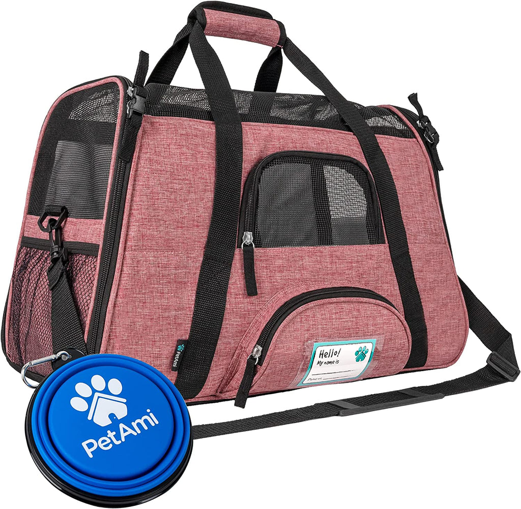Airline Approved Pet Carrier for Cats & Small Dogs, Soft Sided TSA Travel Carrier Bag with Sherpa Bed, Breathable Mesh Ventilation, Collapsible Bowl, up to 18 Lbs, Small Heather White Red