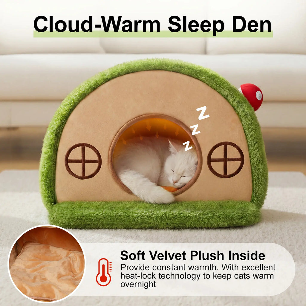 Crystal Velvet Enclosed Cat Bed with Removable Cushion and Anti-Slip Base for Indoor Use