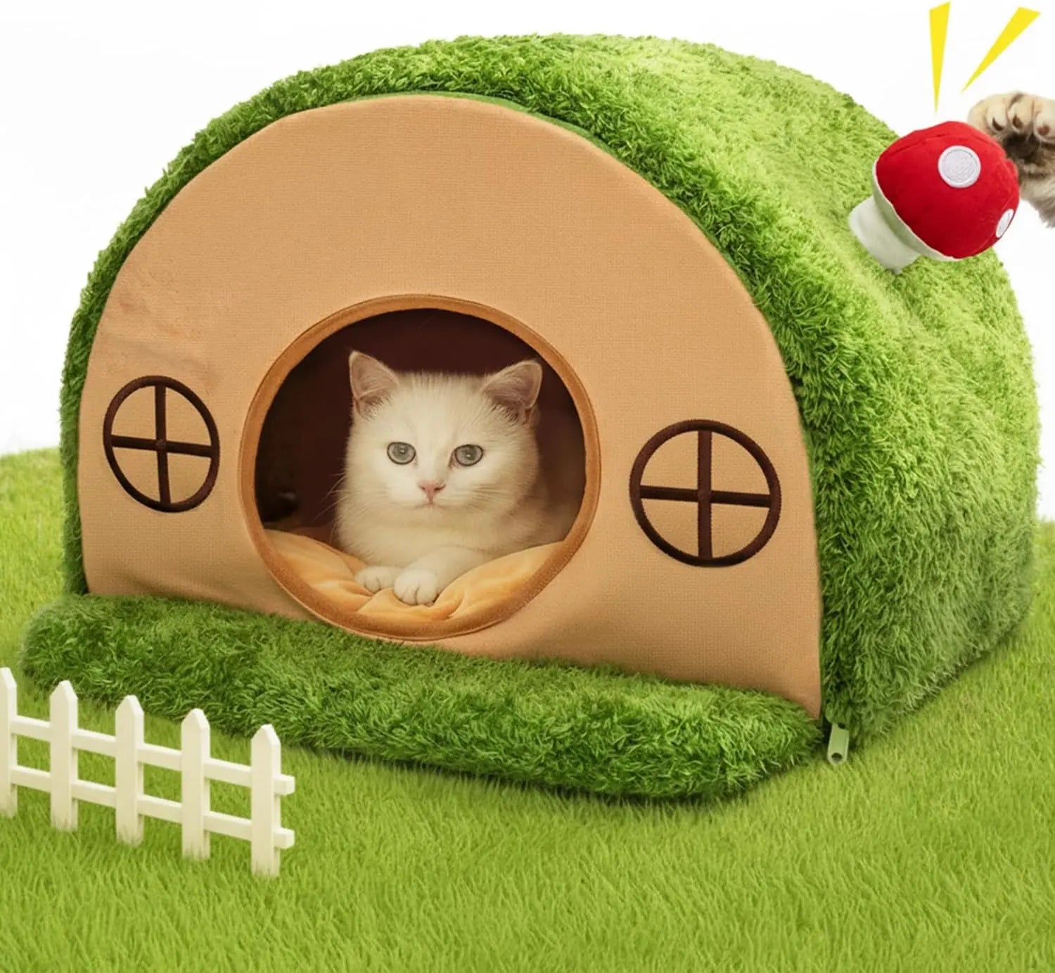 Crystal Velvet Enclosed Cat Bed with Removable Cushion and Anti-Slip Base for Indoor Use